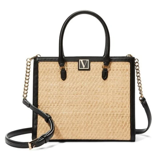 Victoria's Secret Structured Satchel Straw Tote Black Tan Women Crossbody NWOT - Picture 1 of 16